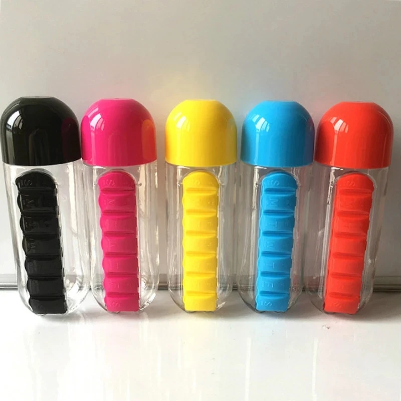 2 In 1 Pill Box Water Bottle Portable Travel Combine Daily Pill Boxes Organize Medicine Pill Box Drinking Bottle for Carrying