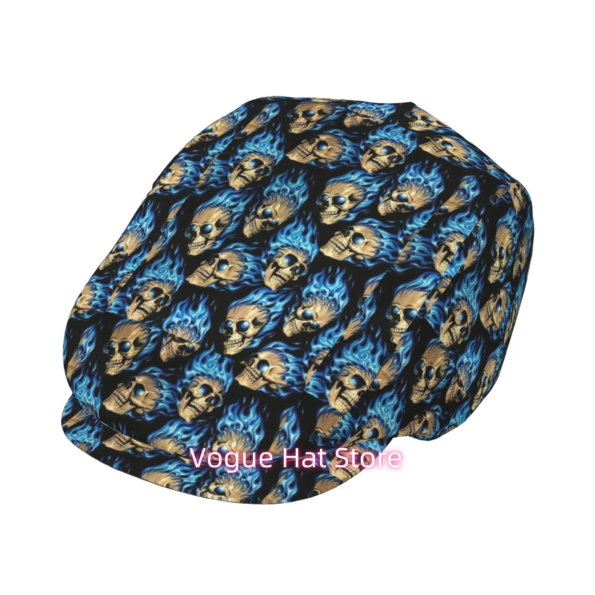 1pc Cool Dark Repeated Flame Skulls All-over printed beret,  newsboy cap, unisex, a must-have fashion accessory for outdoor leis