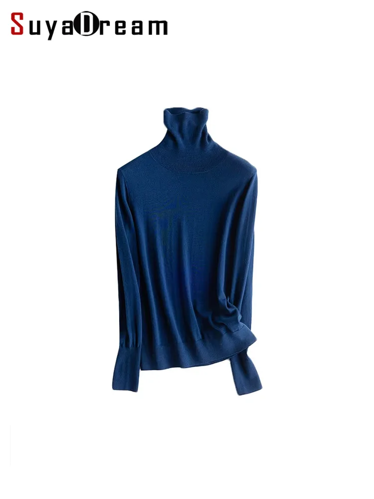 SuyaDream 100%Merino Wool, Turtleneck Pullovers for Woman, Soft Basic Sweaters, 2024 Fall Winter Top, Camel, Blue