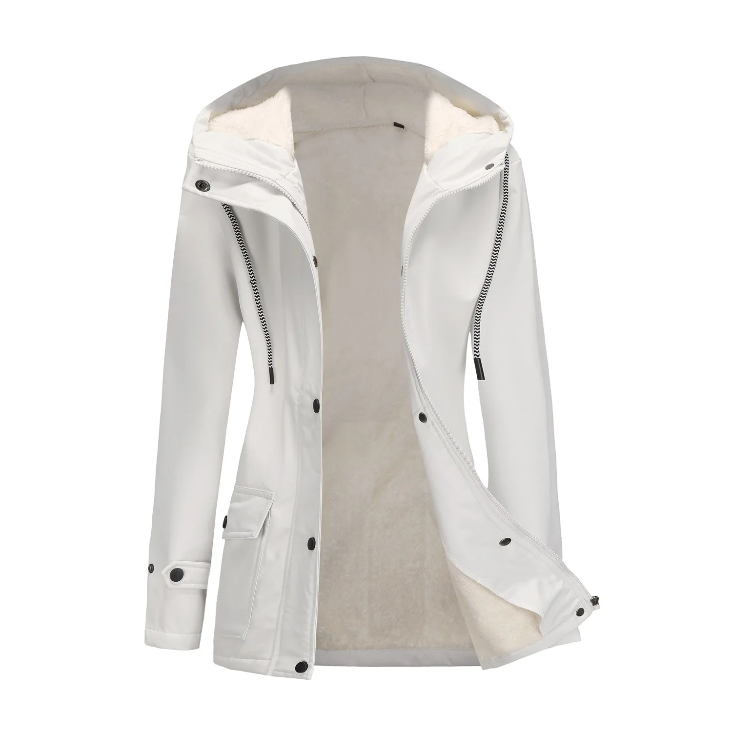 2025 New Women's Spring and Autumn Hooded Windbreaker Composite Plush Anti Splashing Coat Long Sleeve Zipper Cardigan