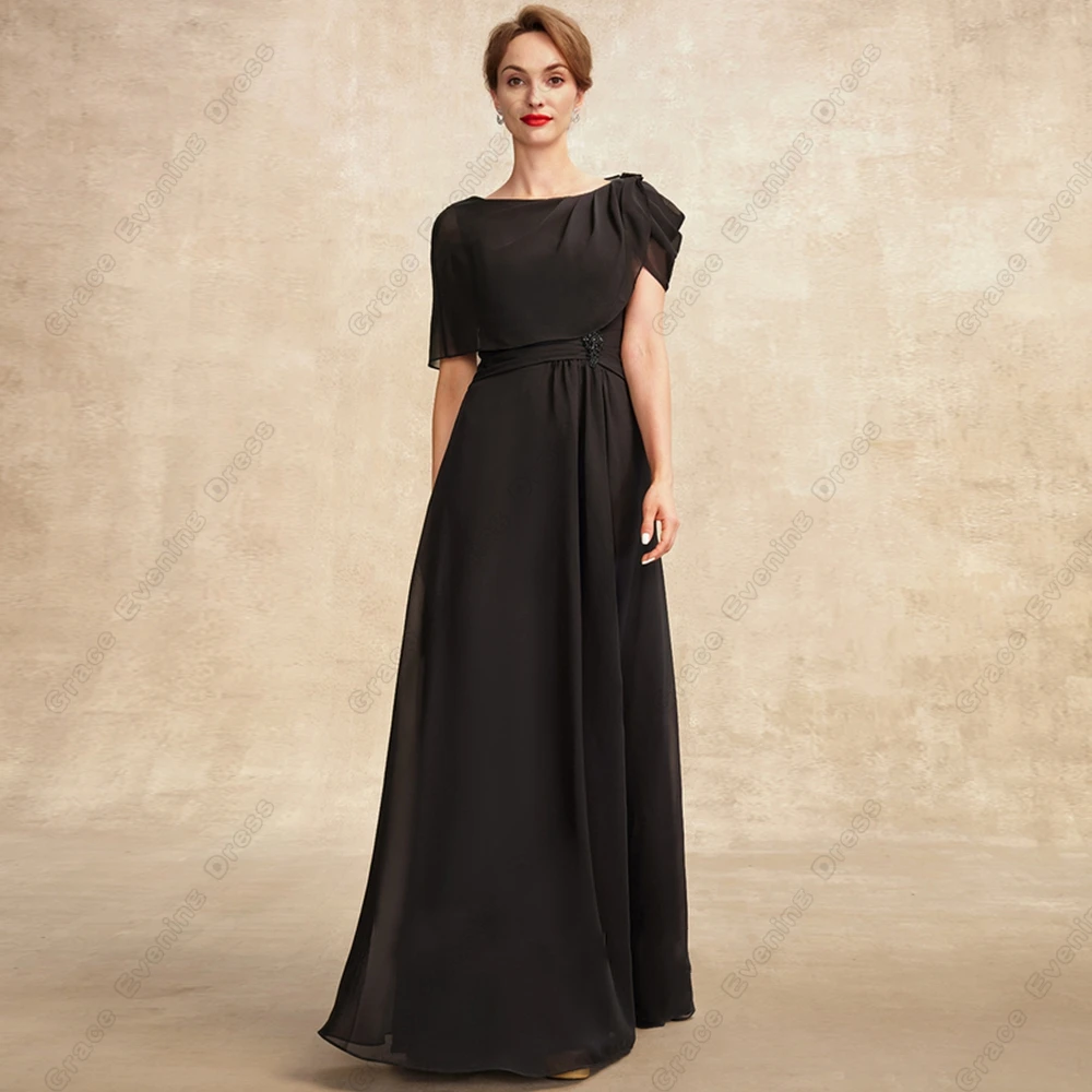 

Scoop Half Sleeve Mother of Bride Dresses for Women Gorgeous Choffon Black Wedding Party Gown Pleat Simple Vestido De Noche 2023