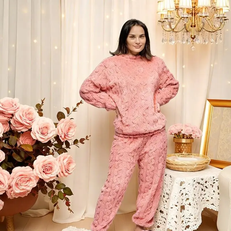 

Comfortable Sleepwear Women's Pajama Set Jacquard Velvet Autumn Winter Coral Fleece Thickened Warmth Female Homewear Home Wear