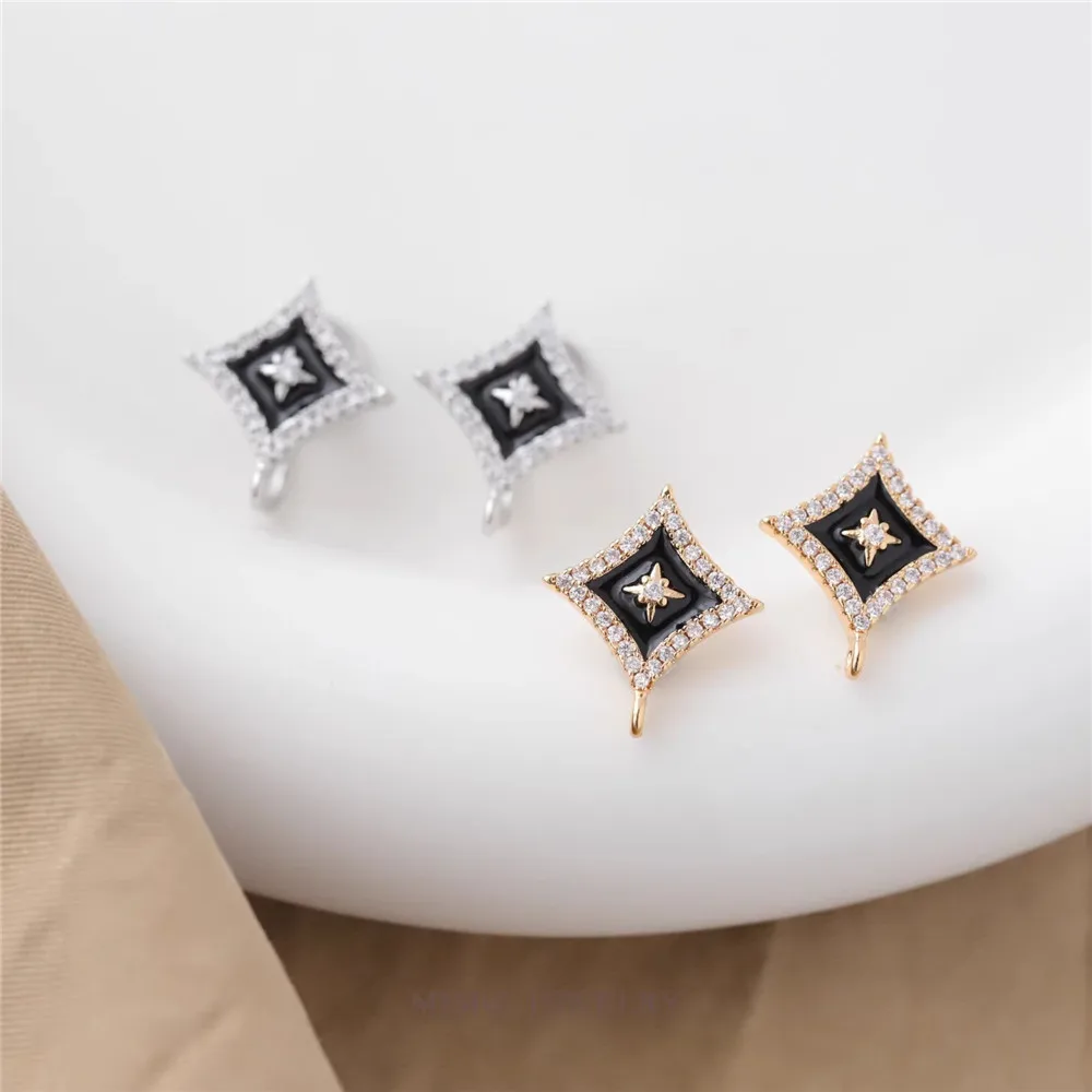 Copper-plated Real Gold Micro-inlaid Rhombus Black Dripping Star Stud Earrings, Earclips DIY Handmade Charm Accessories