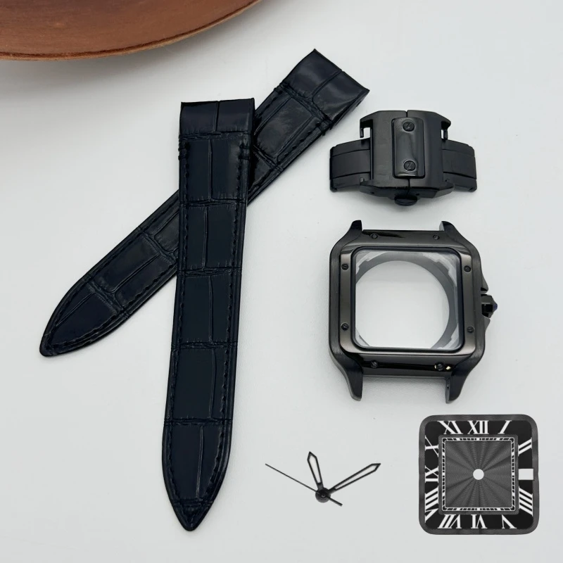 Top 38mm Gold Black Square Watch Case Leather Strap for Sandoz NH36 NH35 NH70 Movement 27mm Watch Dial Hands Repair Modification