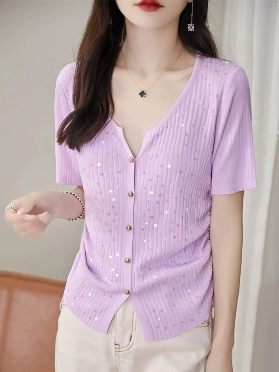 V-Ne Sottile Maglione Lavorato A Maglia di Seta del Ghiaccio Ortap delle Donne 2024 Nuovo Caldo di Estate Lavorato A Maglia Aperto Cardigan Top con Paillettes