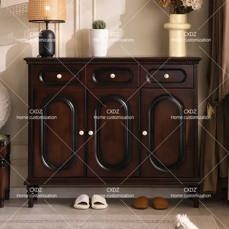 American rural solid wood shoe cabinet high-end sense retro multi-functional living room entrance integrated locker bucket
