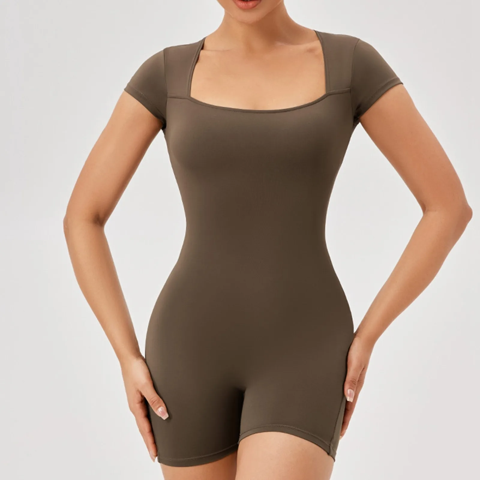 

Новинка 2024, женский комбинезон с коротким рукавом, бесшовная одежда для йоги, спортивная одежда, эластичный сексуальный комбинезон с квадратным вырезом для женщин