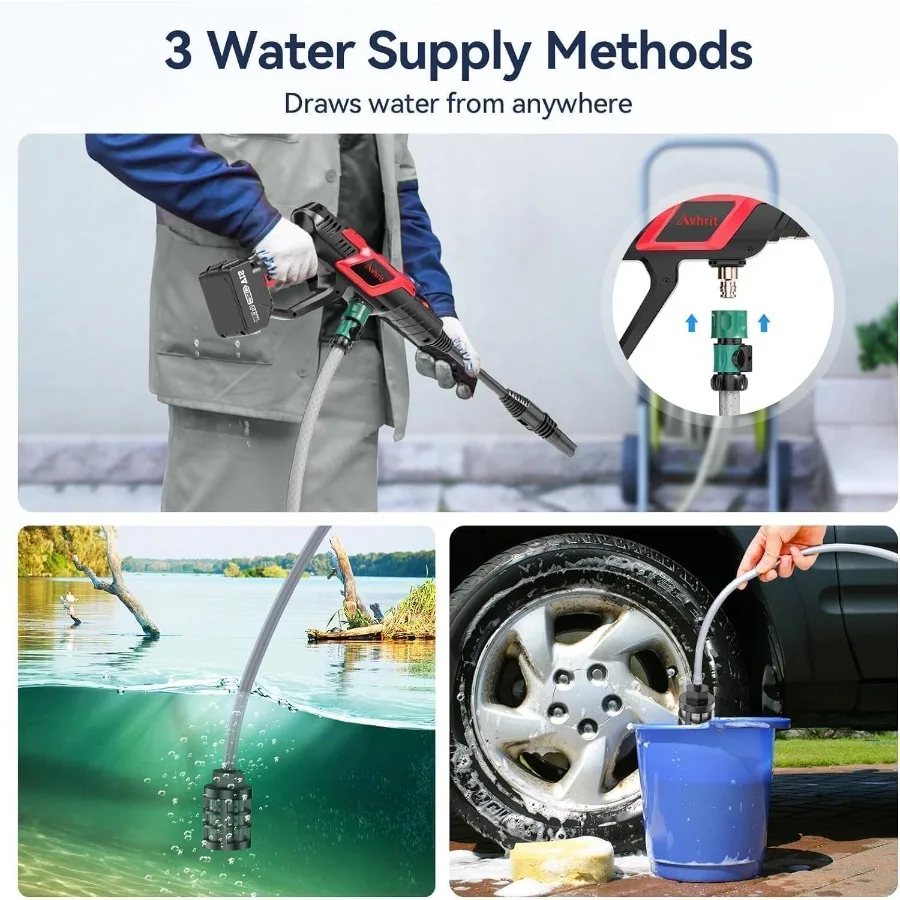 เครื่องฉีดน้ำแรงดันสูงไร้สาย - แบบไม่มีแปรงถ่าน 1100 PSI เครื่องทำความสะอาดแบบพกพา พร้อมแบตเตอรี่ 4.0Ah 2 ก้อน หัวฉีด 3 แบบ หัวฉีดปรับระดับได้ 2 แบบ