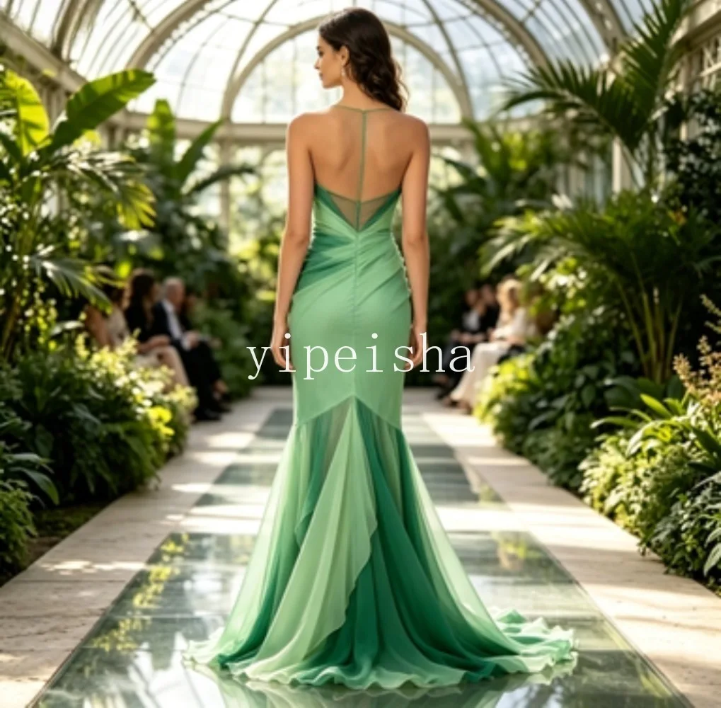 Customized Gradient Green Mermaid Evening Dress Strapless Deep V Ruched Waist High Slit Ruffle Hem Floor Length Formal Prom Gown