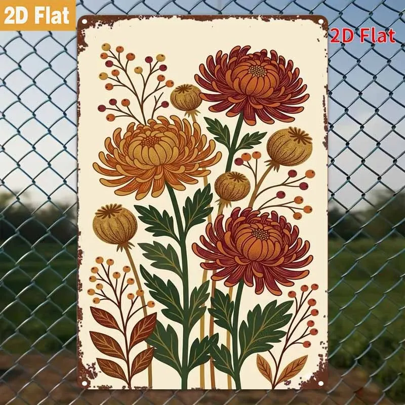 2D Flat, 1pc Metal Sign, Autumn Chrysanthemum Tin Plate Painting, Colorful Natural Beauty, 8X12 Inches (20X30 Cm) Rustic Iron