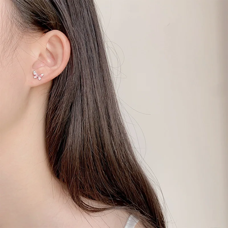 New Cute Pink Small Zircon Butterfly Screw Earrings For Women Girls Black Heart Cartilage Helix Tragus Ear Piercing Jewelry Gift