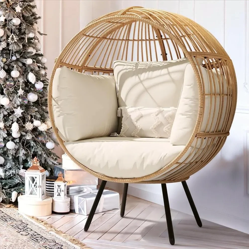 Garden Chair Egg Chair Wicker Outdoor Indoor Basket, Large Round Egg Chair, Bracket Pad with Terrace, Balcony, Bedroom - Beige