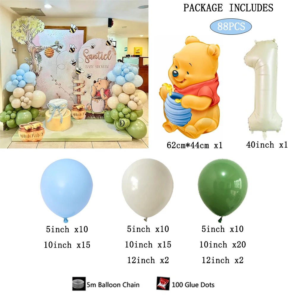 89 Uds. Globos de aluminio con tarro de abeja de Winnie the Pooh de dibujos animados, 40 pulgadas, número crema 1-9, decoración para fiesta de cumpleaños para niños, suministros para Baby Shower