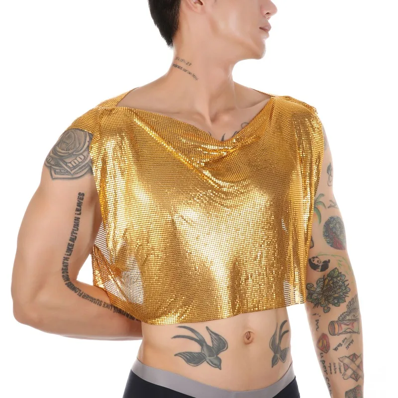 

Exotic Men Metal Sequins Crop Tops Novelty Shiny Nightckub Chest Harness Sleeveless Harnais Fetish Gay Cross Dressing Costumes