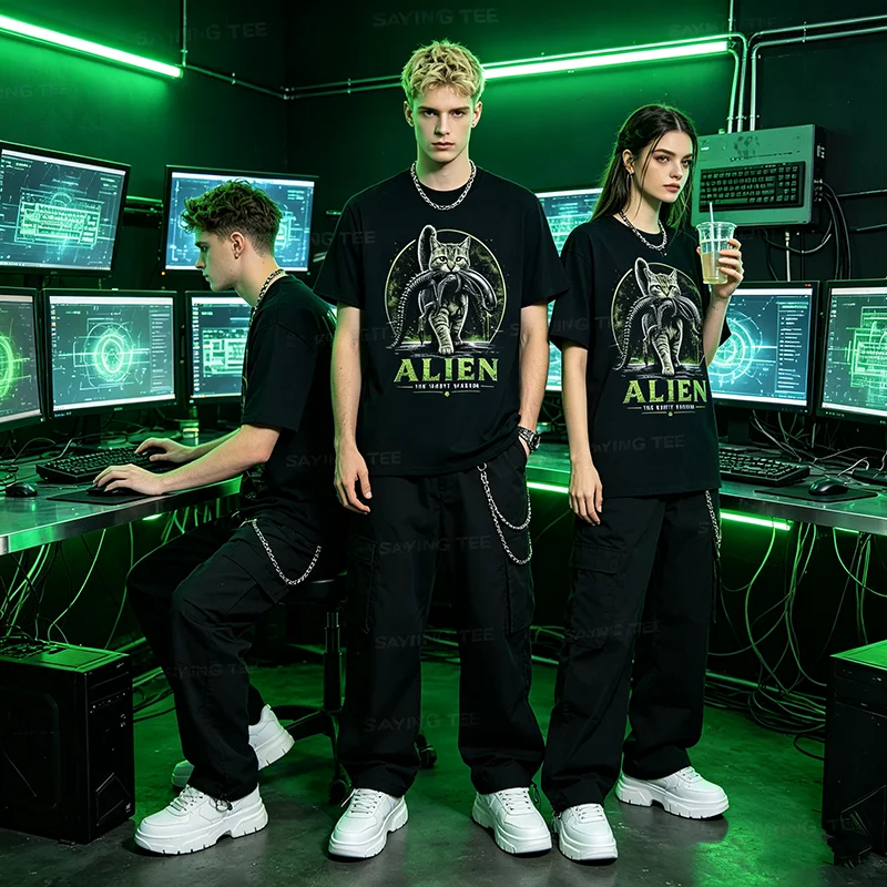 Alien Kurzversion Katze Sci-Fi Horror Parodie Lustiges T-Shirt Y2k UFO Katze Alien Grafik Damen Herren Kleidung Geeks Einzigartiges Neuheiten-T-Shirt – Detail 5
