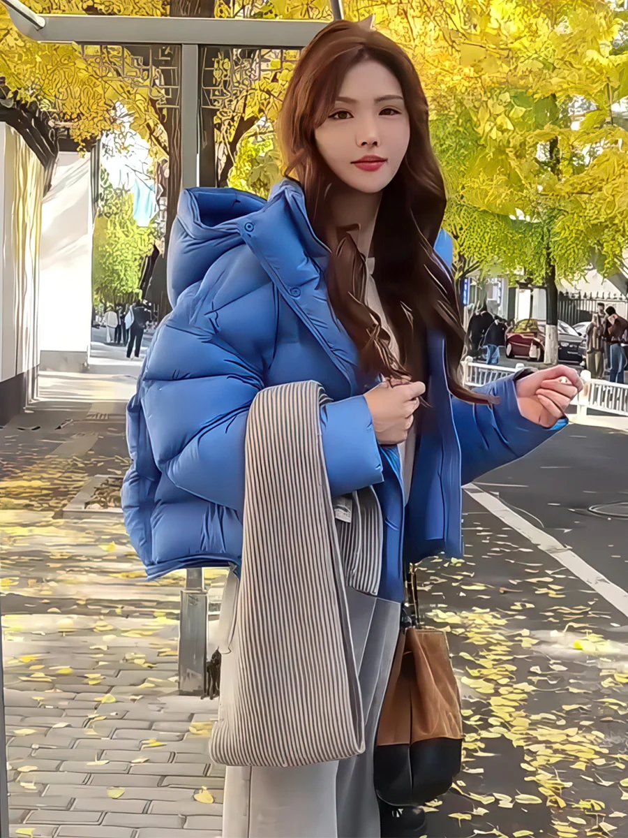 

Blue ort Women's Puffer Jaet 2025 Winter New Loose Bread Sle Warm Coat Casual Loose Fit Windproof Design Du down Filling