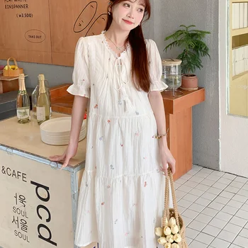 임산부 짧은 플레어 소매 V넥 레이스 패치워크, 느슨한 원피스, 달콤한 출산, 리본 꽃 자수 원피스, 여름