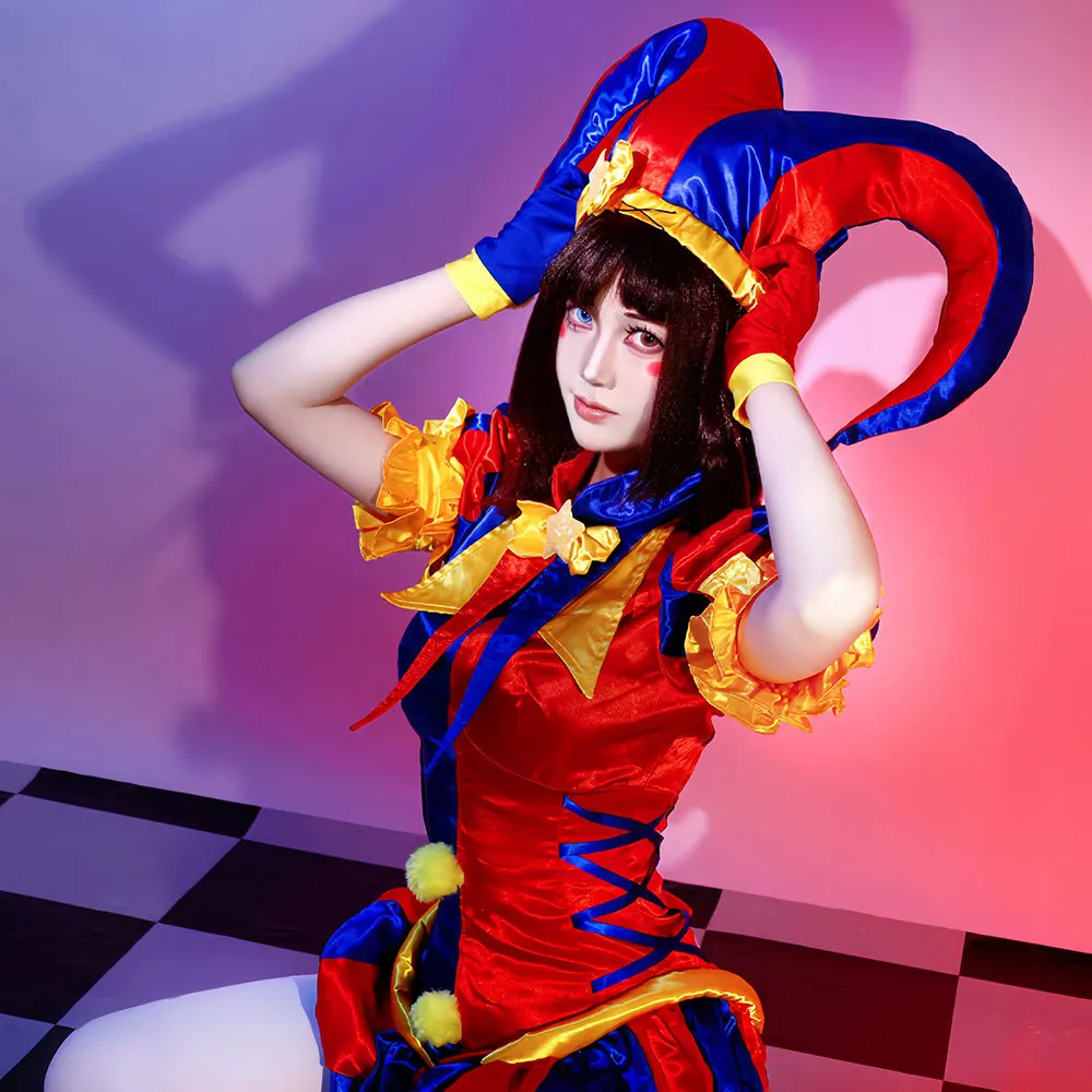 

Jester costume Blue Red Jumpsuit and Hat with Gloves Socks 2026 new Clown Cosplay Costume Christmas Halloween Party Costumes
