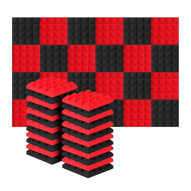 24Pcs 25X25X5Cm Studio Acoustic Soundproof Foam Pyramid Noise Insulation Sound Absorption Treatment Panels Black+Red