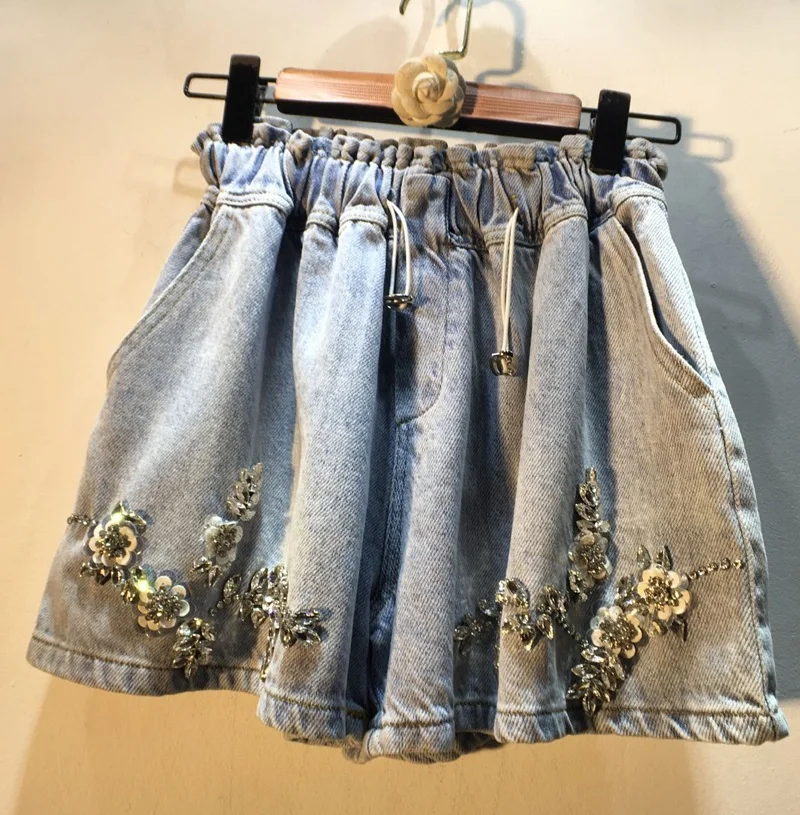 

Fashion 2023 New Spring Summer Women Hot Shorts Luxury Water Drill Beads Flower High Waist Wide Leg Pants Casual Denim Shorts