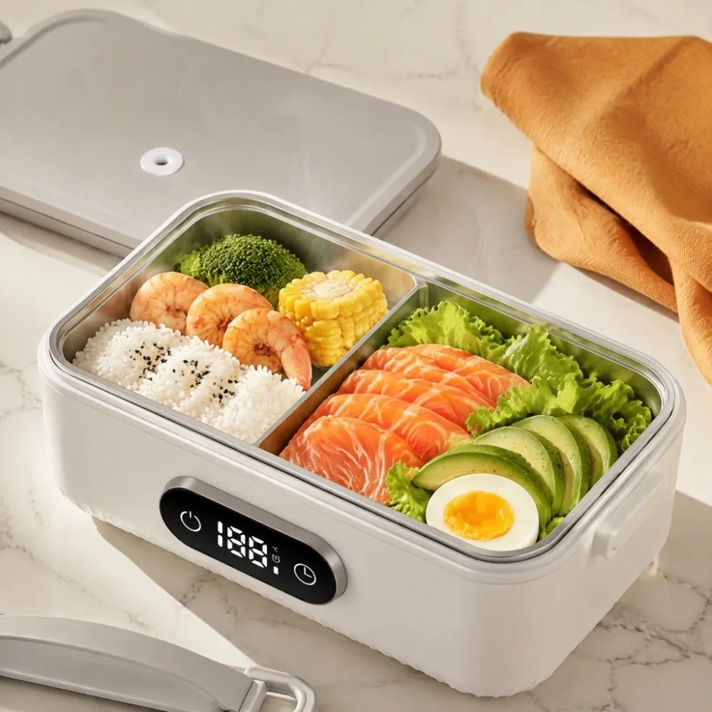 4-speed Temp USB Heated Lunch Box 304 Food-Grade Stainless Steel 6-speed Timer Electric Lunch Box Cordless & Water-free