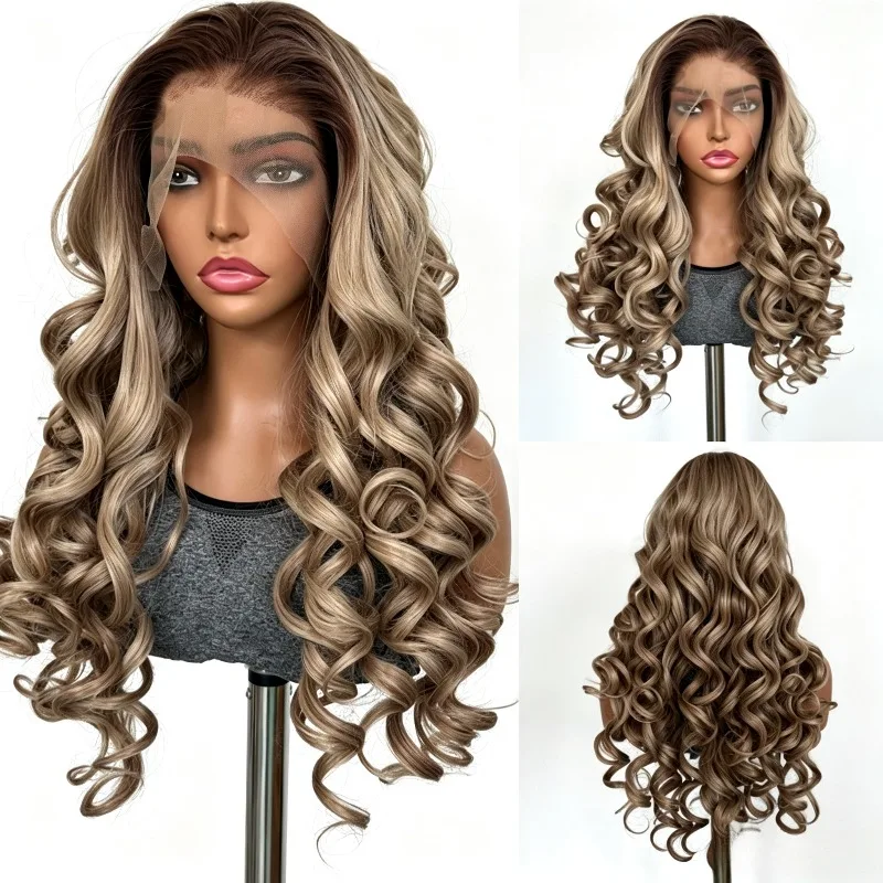 Lace Front Wig Hand Tied Ombre Gold Long Bouncy Curly High Temperature Silk Full Head Wig Natural Elastic Curls for Daily Wear