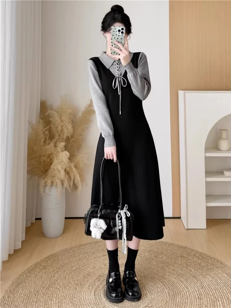 Осень/зима 2022, черное трикотажное платье из двух предметов в студенческом стиле с воротником рубашки и длинными рукавами для женщин w547