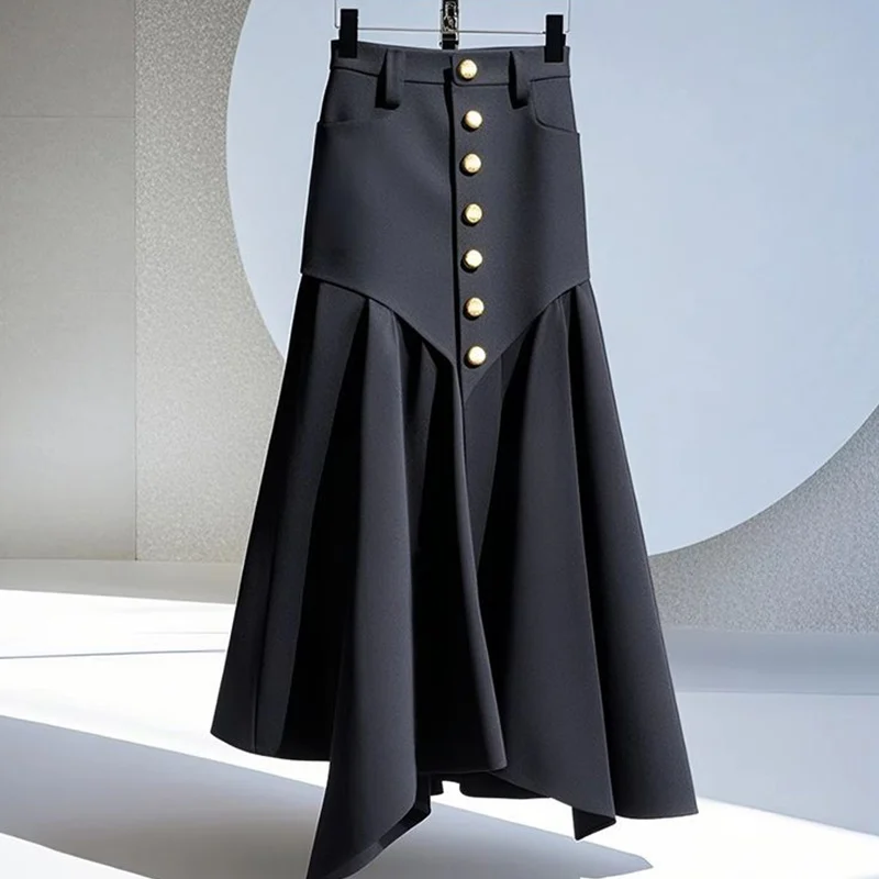 

Женская темпераментная лоскутная однотонная юбка трапециевидной формы с высокой талией, осень 2024, новая модная плиссированная юбка с нерегулярными пуговицами