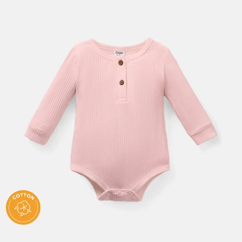 PatPat Baby Girl/Boy Cotton Button Design Solid Color Ribbed Long-sleeve Rompers Perfect for Outings and Daily Wear