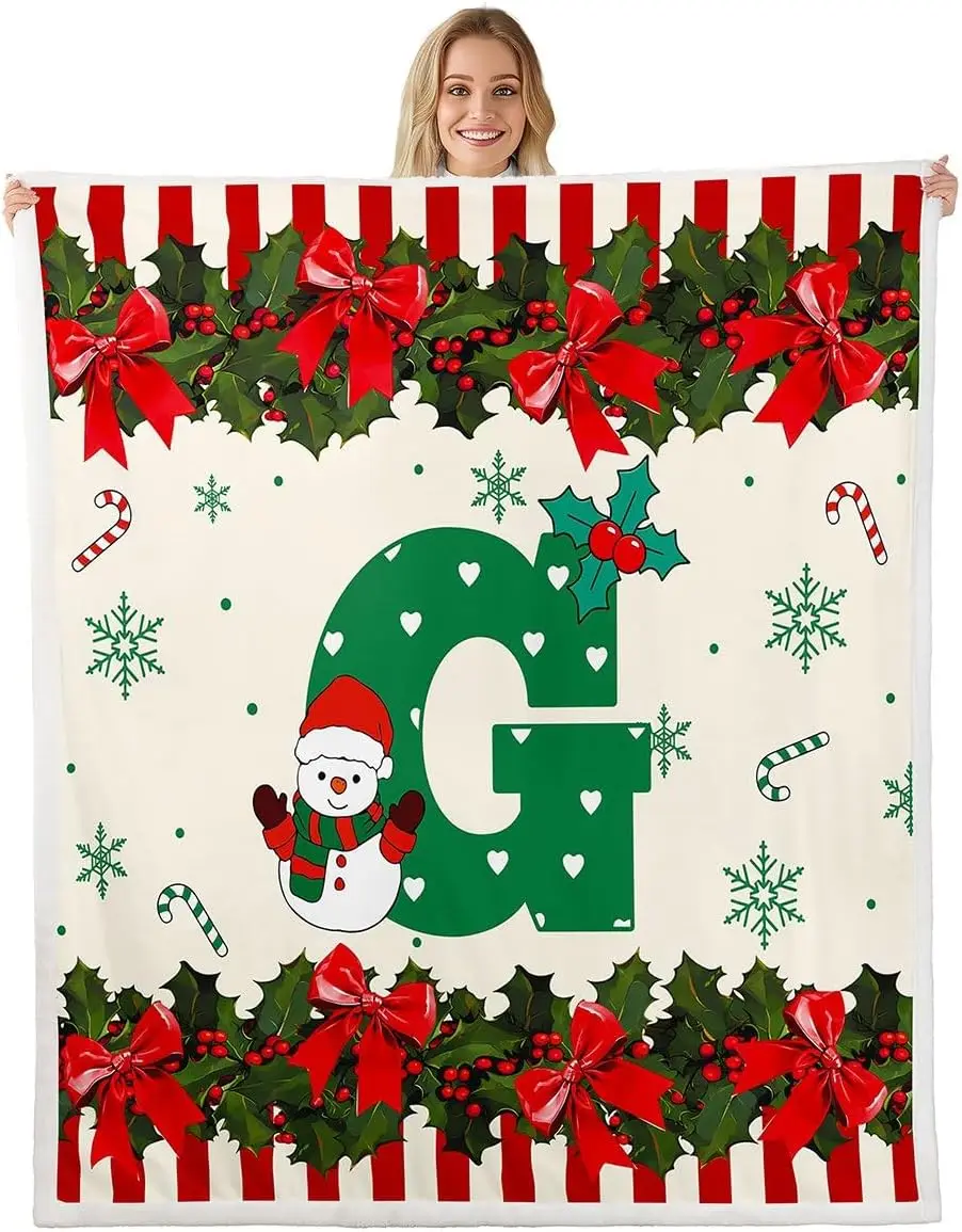 Christmas Bow Letter G Fleece Blanket Twin Holly Kids Love Hearts Sherpa Blanket Snowflake Green Red Stripe Alphabet Bowknot