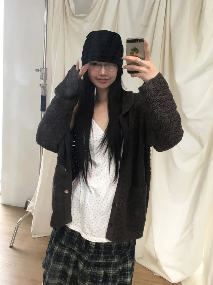 Retro Japanese Style Long Sleeve Knitted Cardigan Coat Doll Collar Loose Fit Warmth Outerwear for Young Women Autumn Season