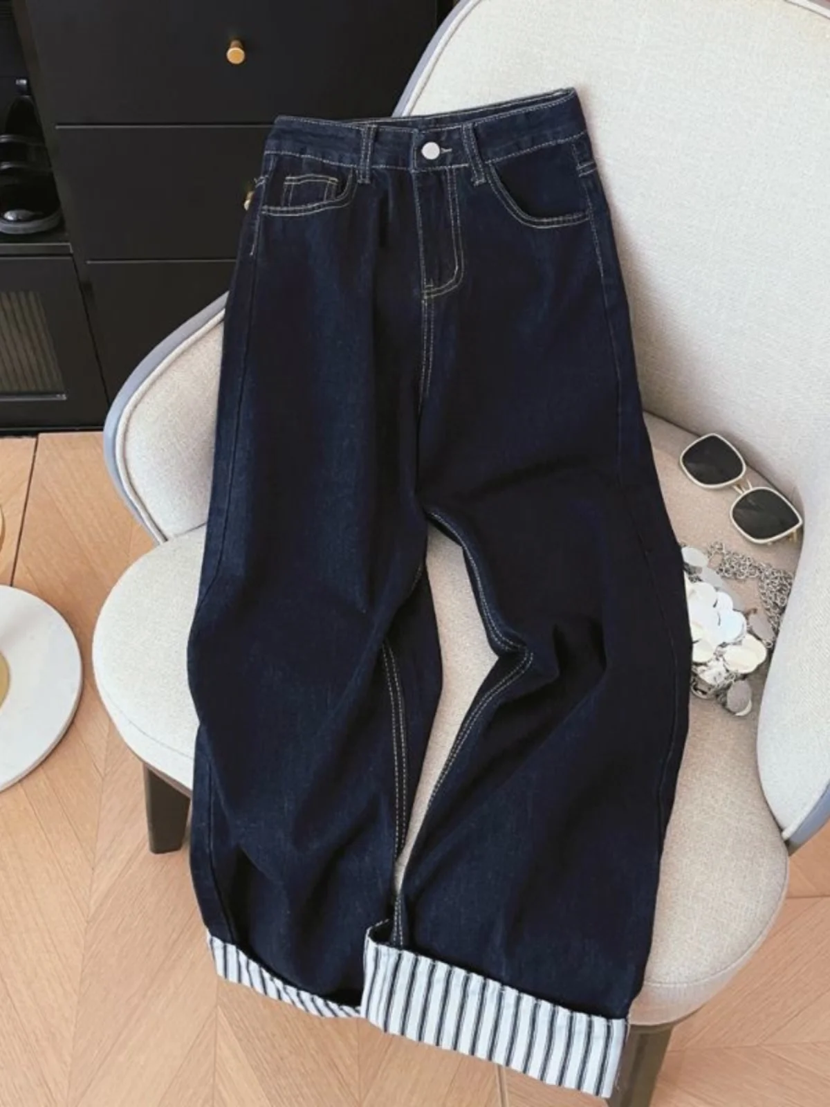 

plus Size Mommy 300 Pounds Cuffed Denim Jeans Slim Straight Loose Wide Leg Long Pants Casual Dad Trendy High Waist Blue Jeans