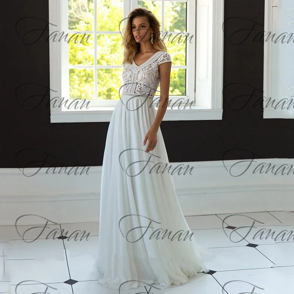 Customized Boho V Neck Short Sleeves Wedding Dress Floor Length See-through Top Chiffon White  Gowns Beach Ivory Bridal  2022