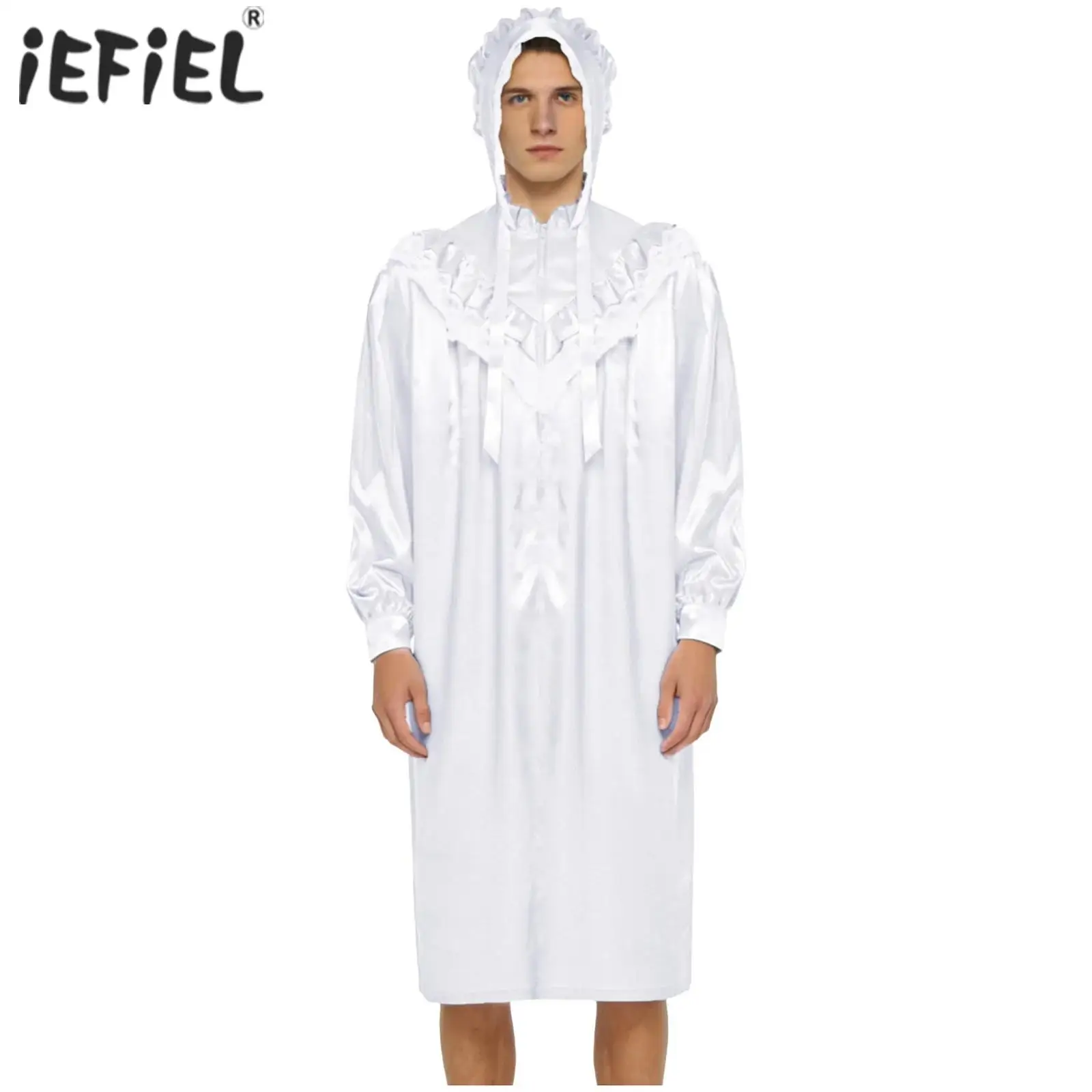 Mens Ruffled And Lace Trim Pajamas Sissy Victorian Nightgown with Hat Set Long Sleeve Front Zipper Satiny Sleep Dress Nightwear
