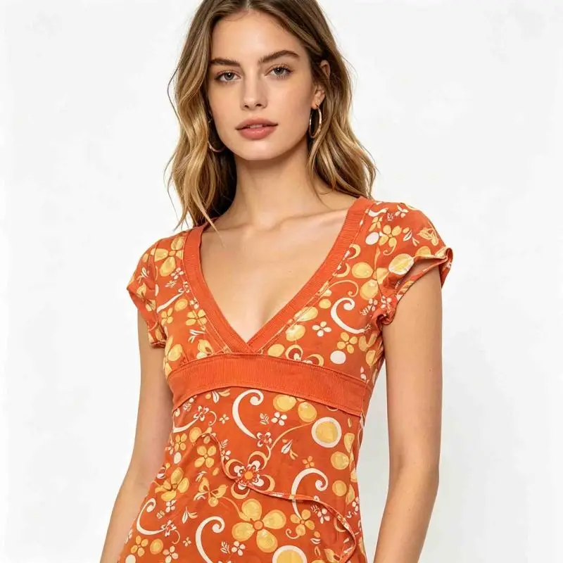 Women Orange Floral Print V-Neck Top, Cap Sleeve Empire Waist Vintage Style Blouse 2026