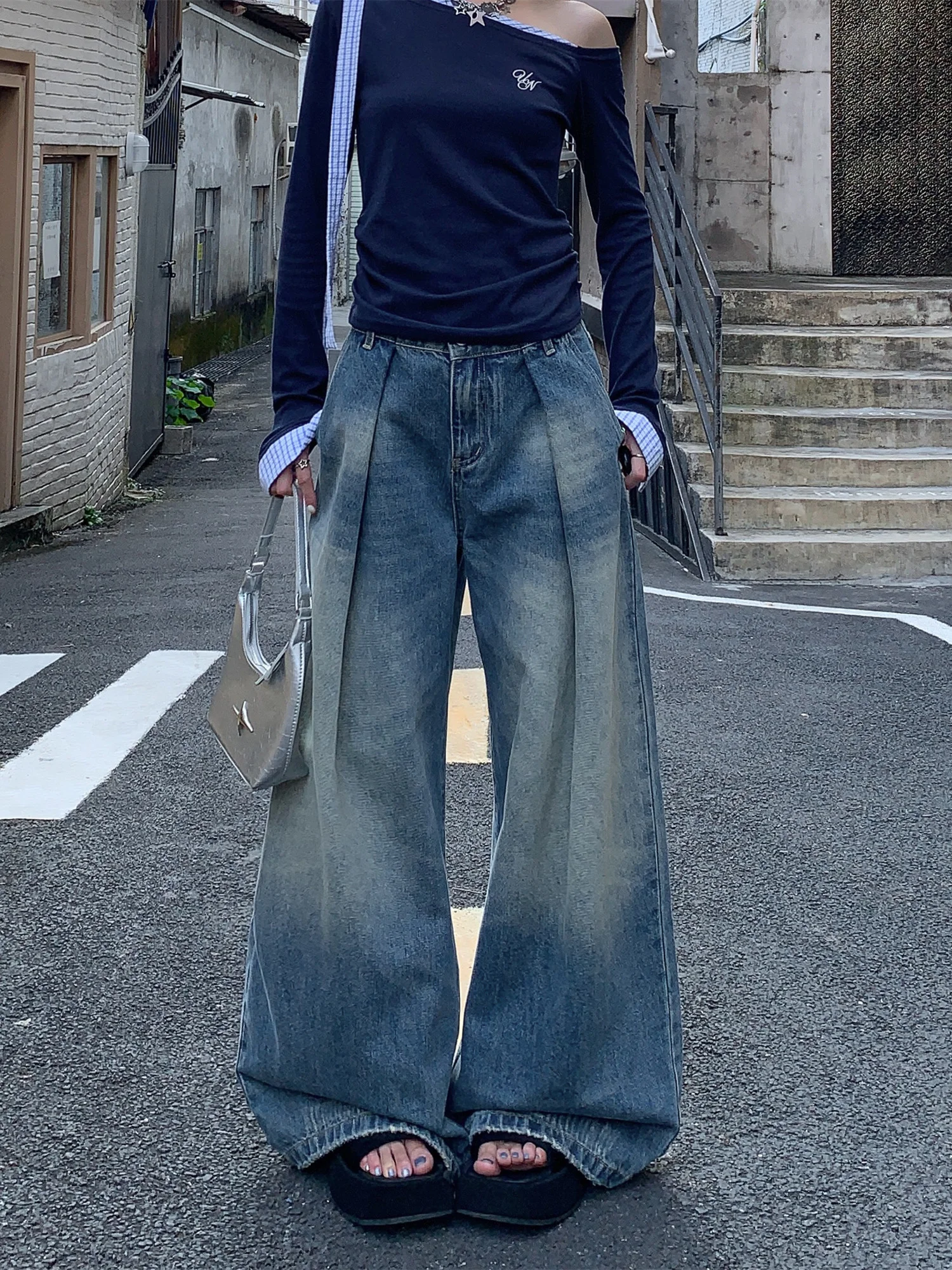 

Retro High Waist Wide Leg Denim Jeans Women's High Street Waed Loose Meat Concealing Dra Long Pants Cotton Casual