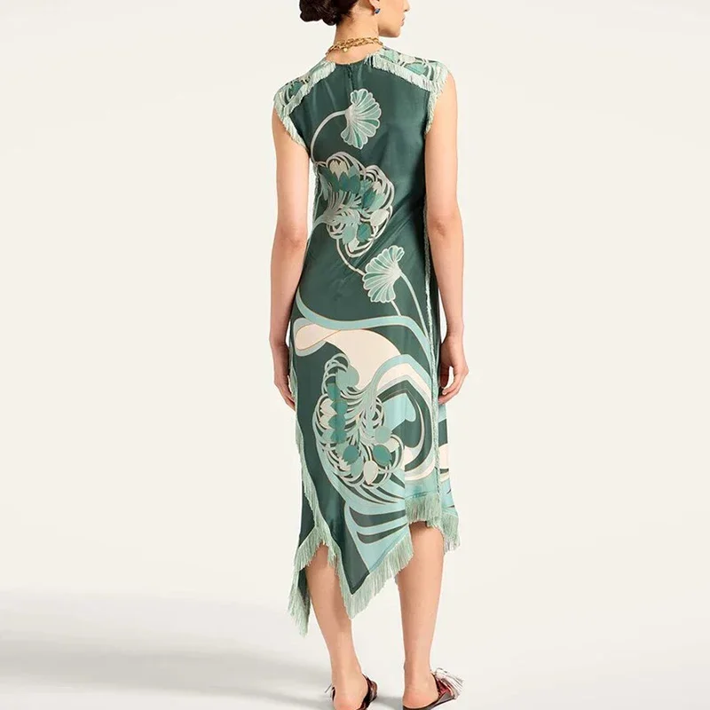 Chic Unique Tassel Irregular Seaside Vacation Dress Elegant Round Neck Sleeveless Dress Fashion Positioning Floral Print Zipper