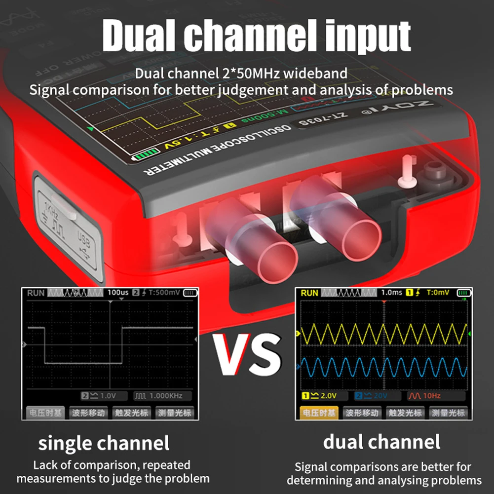 Osciloscópio ZOYI-Digital, 3in 1, Multímetro, Gerador de Sinal, Dual Channel, 50MHz Bandwidth, 280MS Sampling Rate, Multi Tester, ZT703S