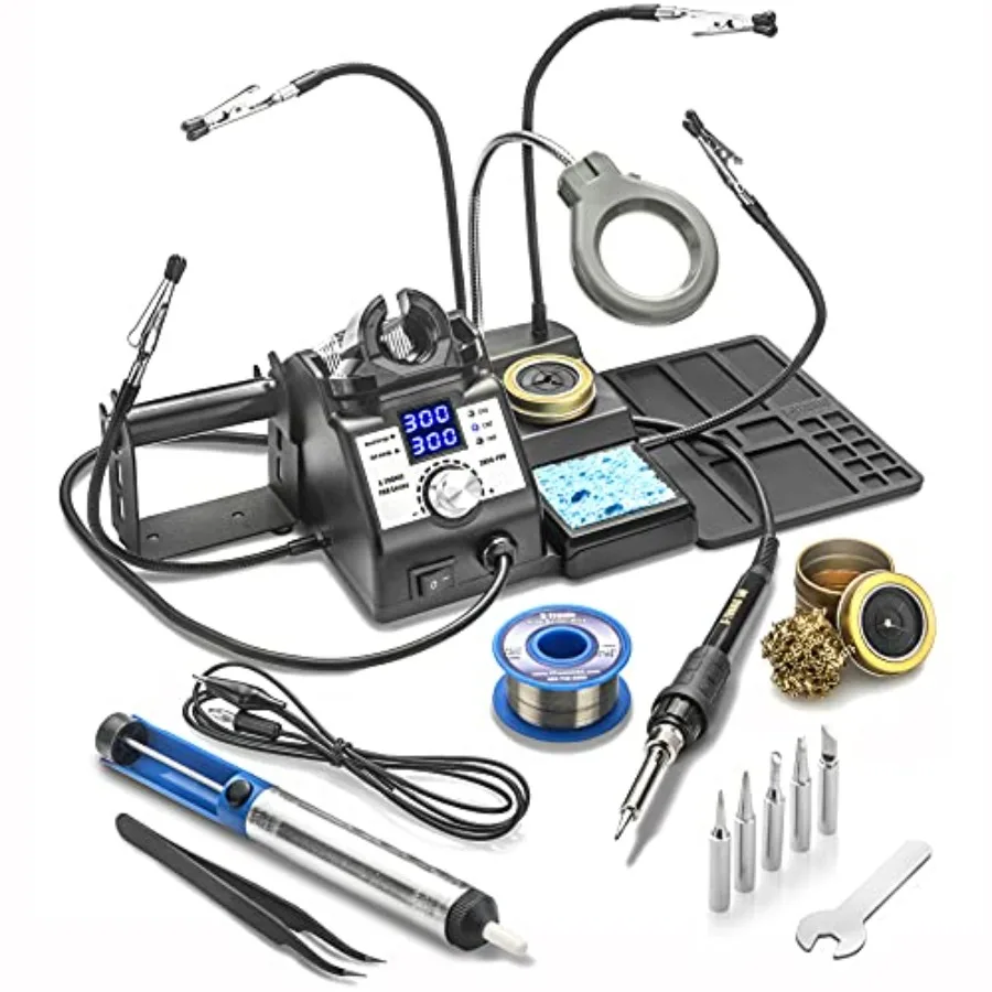 

3060 • 75W Soldering Iron Station Kit • 5 Extra Tips • Mini Mag Lamp • 4 Helping Hands • Solder Sucker • Tweezers • 50g Solder