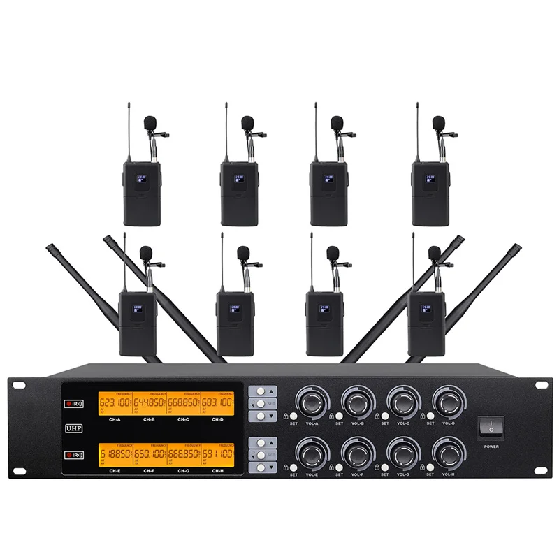 Professional UHF wireless microphone 8-channel handheld, lavalier, head-mounted, conference microphone stage performance