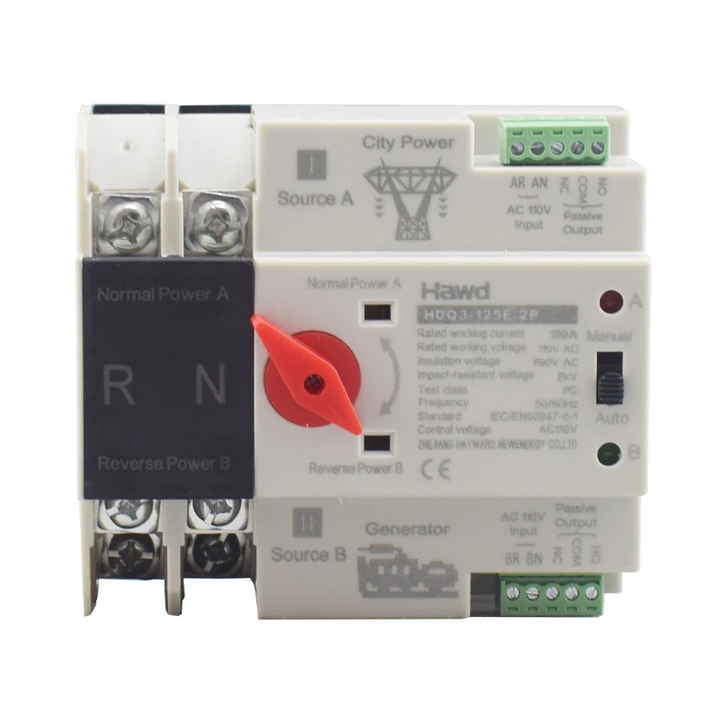 Interruptor de Transferencia Automática de Doble Potencia AC110V 100A, Montaje en Riel de 35 mm, Interruptor de Cambio de Transferencia de Generador ATS de 2P