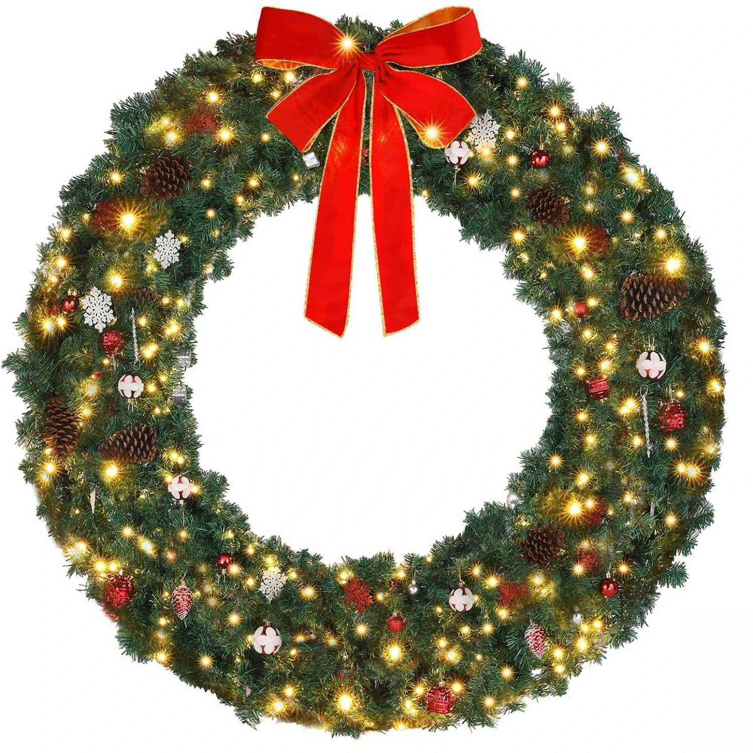 

60 Inch Large Pre-lit Christmas Wreath - Xmas Door Garlands with 220 LED Lights, 600 PVC Branch Tips, Bow, Pine Cones
