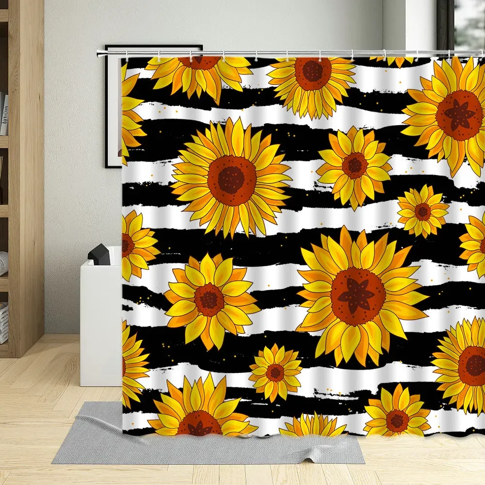 Flowers Plants Shower Curtain Black White Striped Sunflower Green Leaves Bathroom Decor Curtains Sets Bathtub Screen Wall Cloth