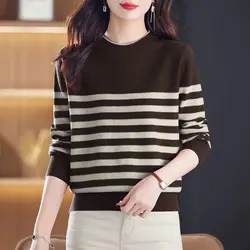 Simplicity Fashion Autumn Sweaters New Women's O-Neck Striped Patchwork Contrast Color Korean Long Sleeve Pullovers Knitted Tops