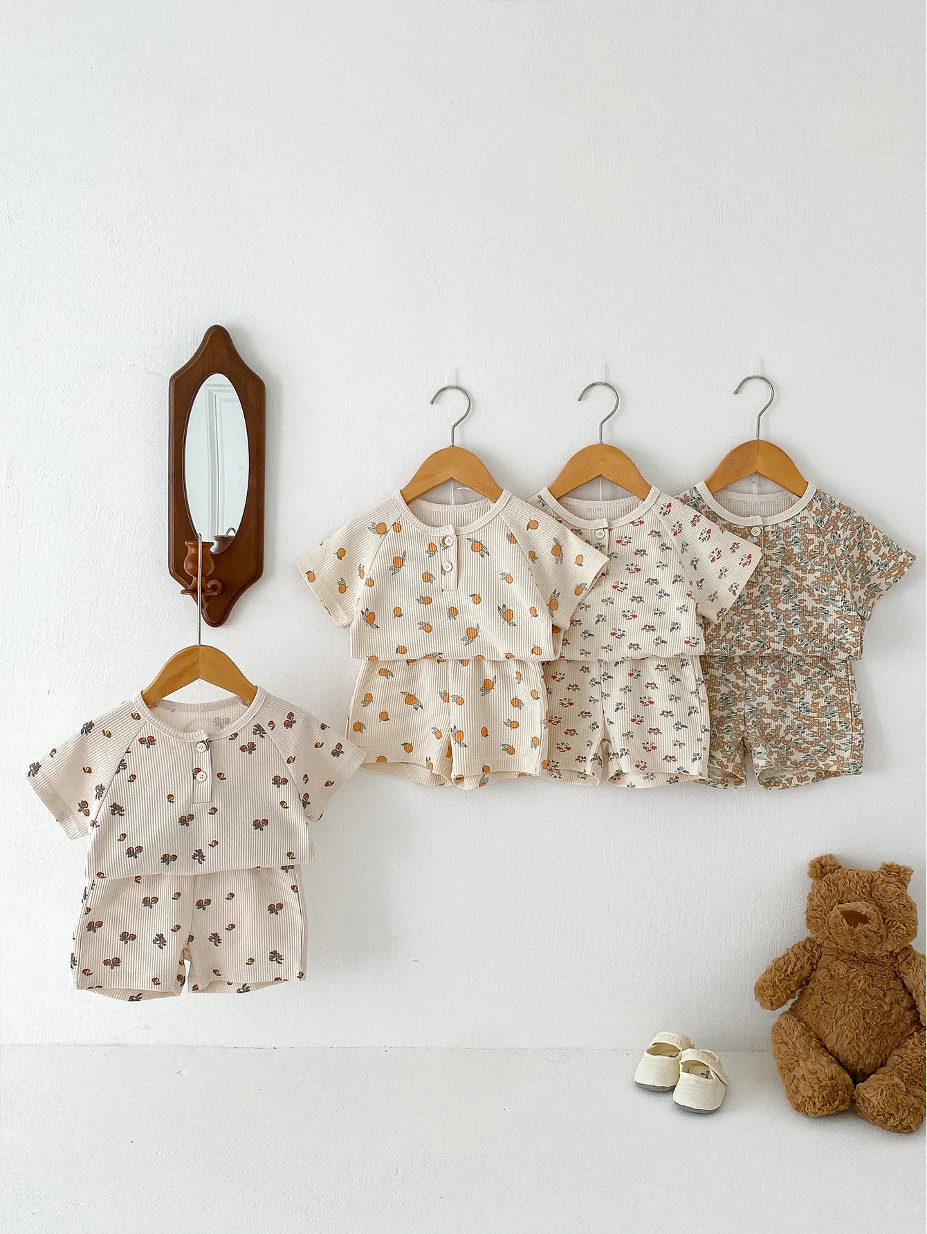 2025 Summer New Baby Short Sleeve Home Clothing Set Infant Boy Girl Print Tops + Shorts 2pcs Suit Toddler Casual Waffle Outfits