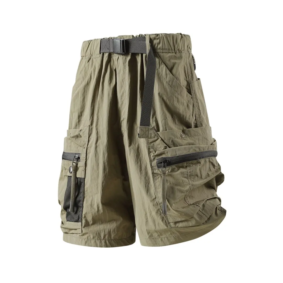 Men Quick Dry Loose Cargo Shorts Adjustable Belt Multi Zipper Mesh Pockets Summer Casual Outdoor Knee Shorts25001
