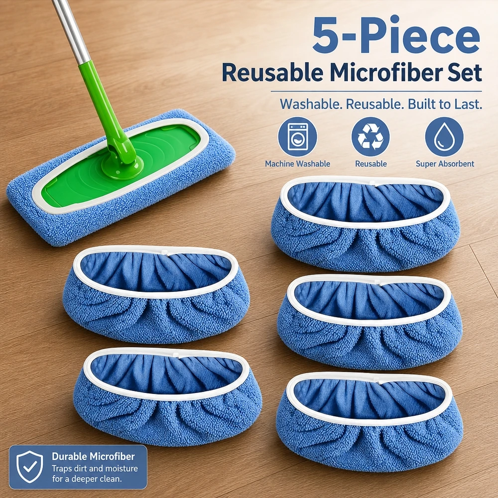 Machine Washable Microfiber Mop Pads 5 Pack Fits 10x4.5 Inch Heads Efficient Cleaning for Wood Tile Stone