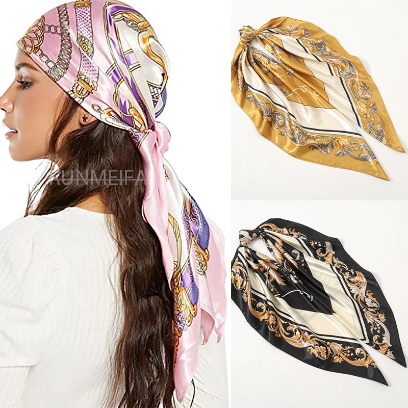 Pañuelo Retro de seda para mujer, bufanda cuadrada de satén, Foulard estampado, Hijab, Bandana, 2024