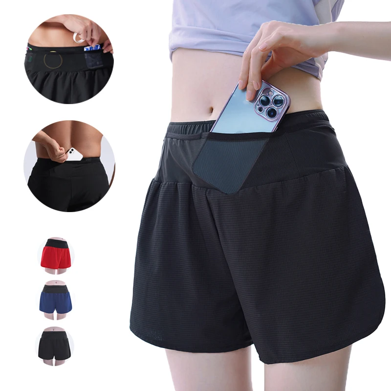 (S-4XL)Double Layers Quick Dry Marathon Running Shorts Women Men Exercise Fitness Sport Shorts with Waist Pouch Phone Pocket