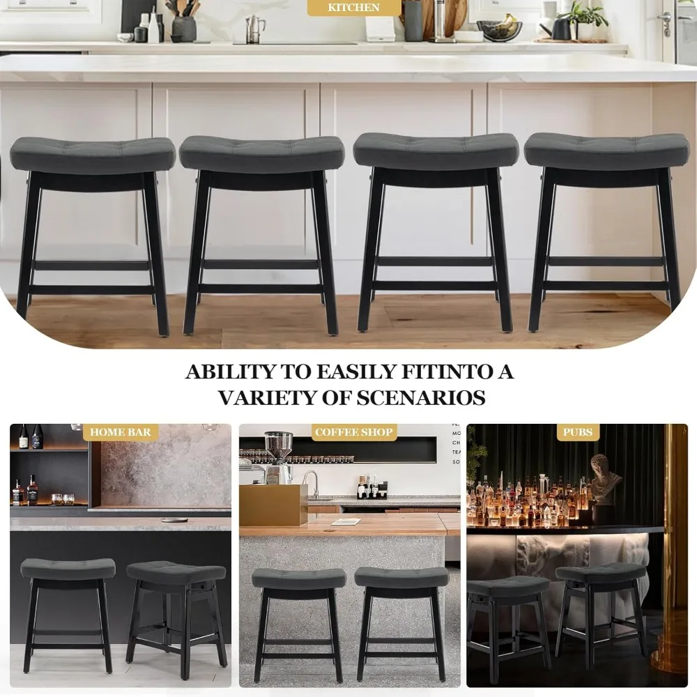 Set of 3 Counter Height Stools, Upholstered Leather Seats, Solid Wood Legs, 24 Kitchen Bar Stool